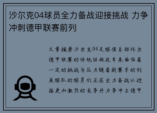 沙尔克04球员全力备战迎接挑战 力争冲刺德甲联赛前列